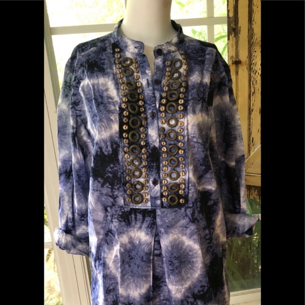 MICHAEL michael Kors Boho blouse tunic size Large long sleeve blue white tie dye